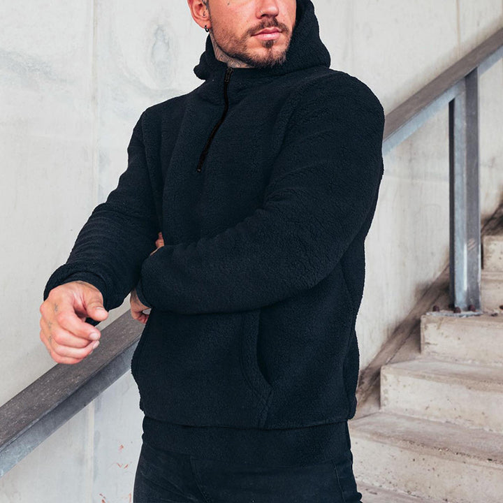 Men's cozy Sherpa hoodie with kangaroo pocket and high collar Mune Fashion