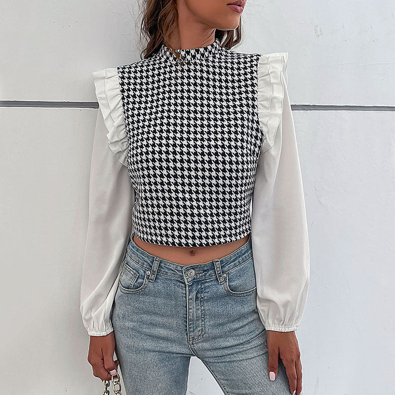 Women's Houndstooth Cropped Top with Ruffled Shoulders and Long Chiffon Sleeves Mune Fashion