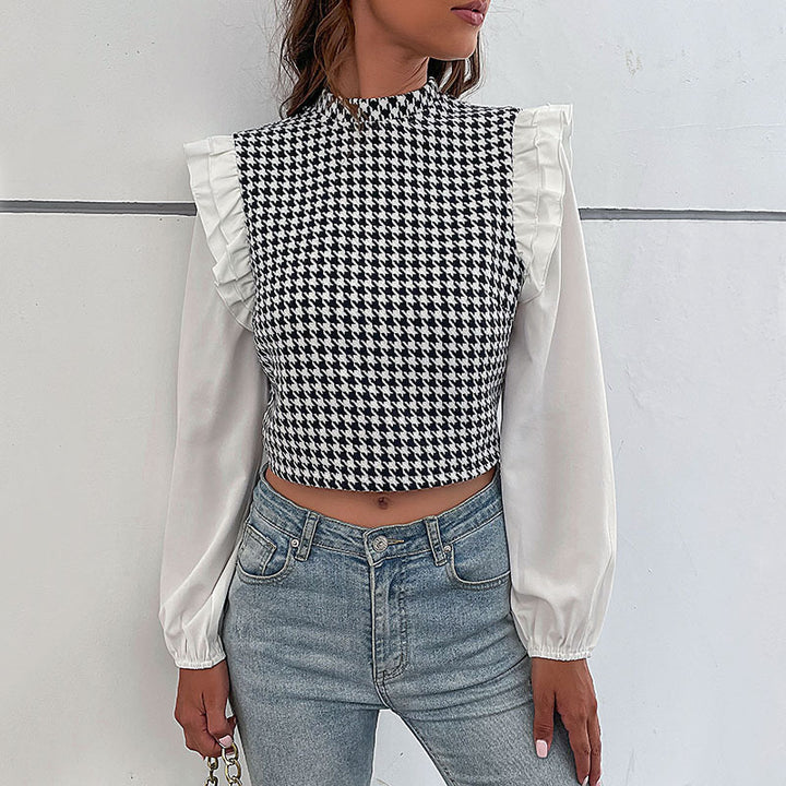 Women's Houndstooth Cropped Top with Ruffled Shoulders and Long Chiffon Sleeves Mune Fashion