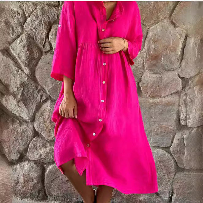 Women's Loose Midi Dress in Linen Blend with Continuous Button Placket and Side Pockets Mune Fashion