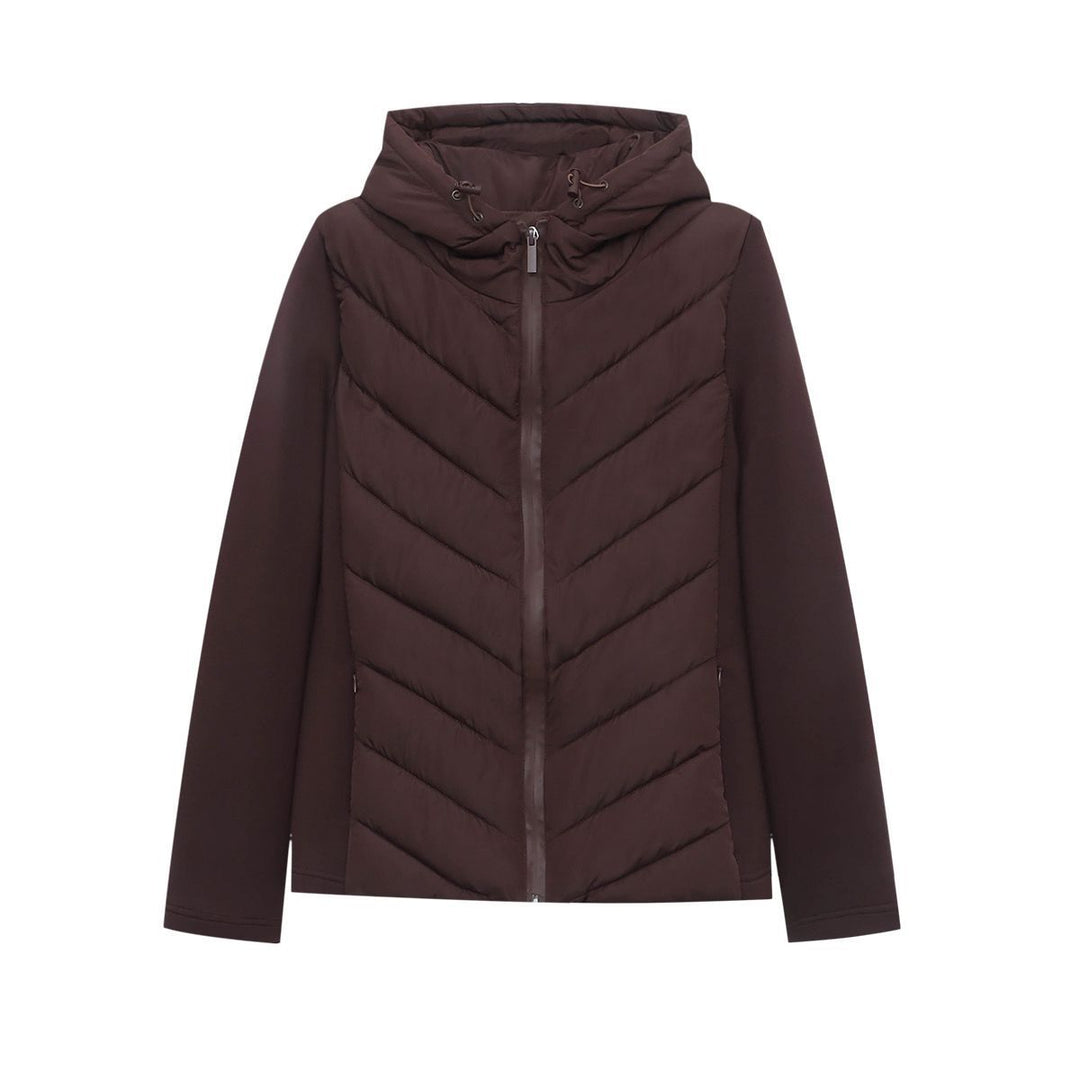 Women's quilted hybrid jacket with hood, chevron quilting and elastic softshell sleeves Mune Fashion