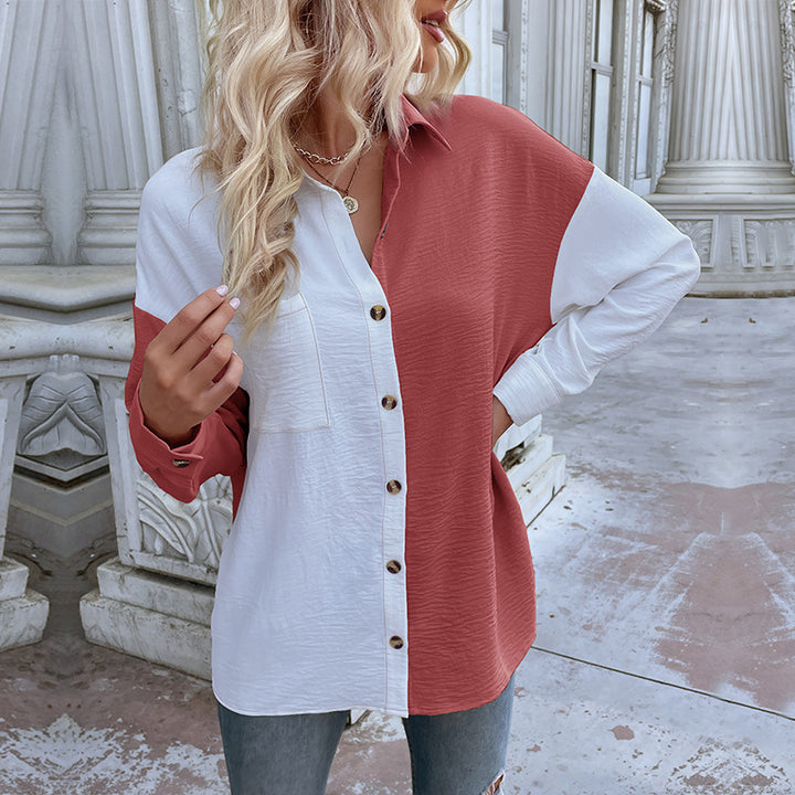 Women's oversized shirt blouse with color blocking, chest pocket, and textured viscose blend Mune Fashion