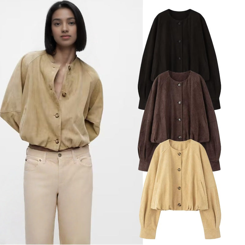 Women Short Blouson Jacket in Cropped Look with Round Neckline and Balloon Sleeves Mune Fashion