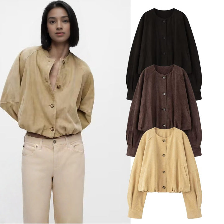 Women Short Blouson Jacket in Cropped Look with Round Neckline and Balloon Sleeves Mune Fashion