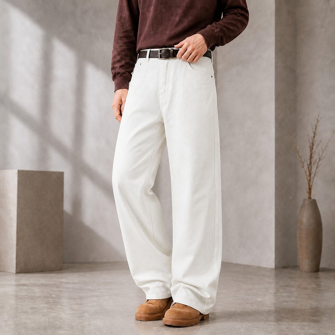 Men's Wide Cotton Jeans with High Waist and Five-Pocket Design Mune Fashion