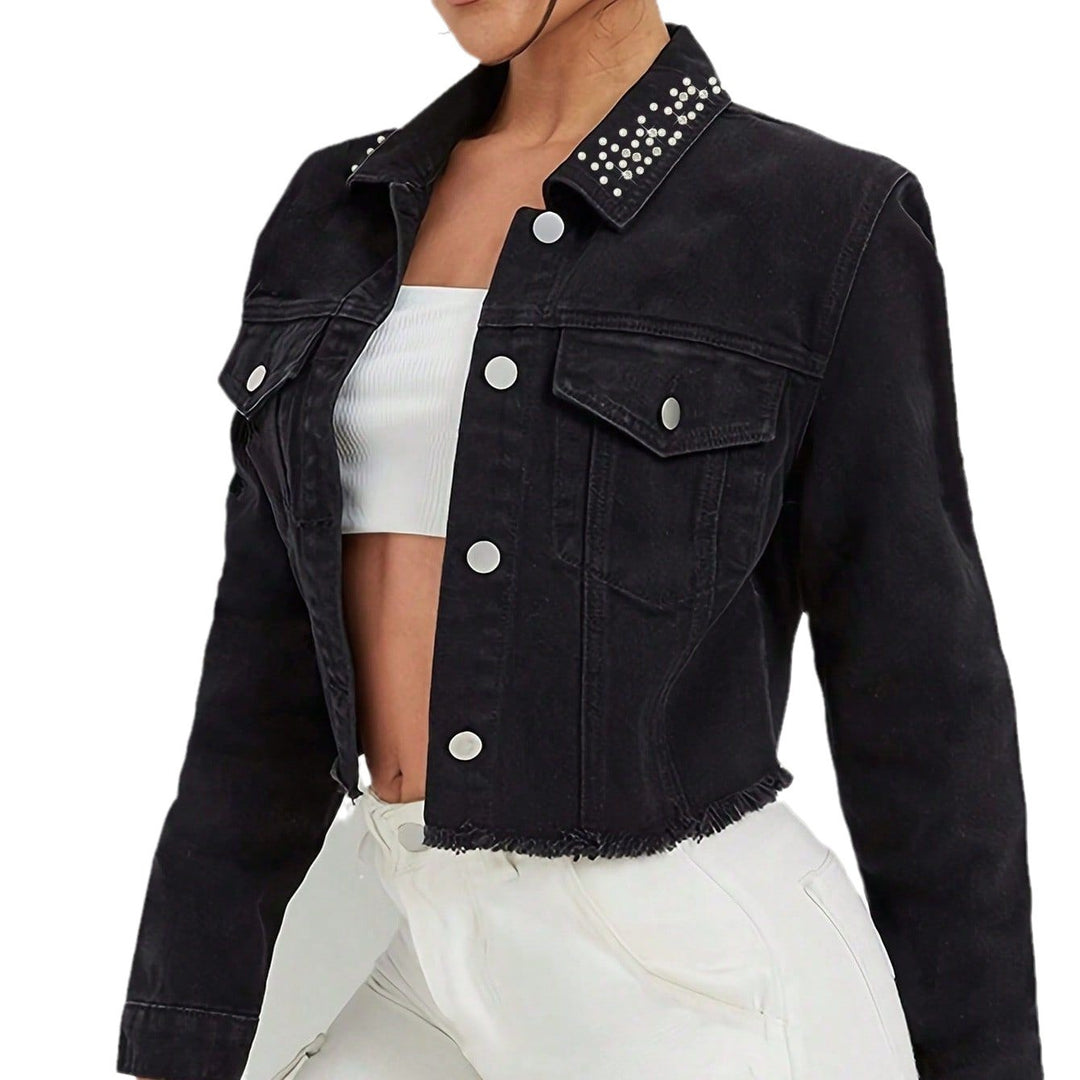 Women Cropped Denim Jacket with Beaded Collar and Raw Fringe Hem Mune Fashion