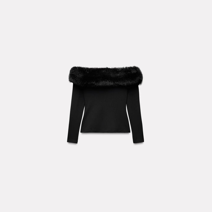 Women's Off-Shoulder Long Sleeve Sweater with Wide Faux-Fur Shawl Collar Mune Fashion