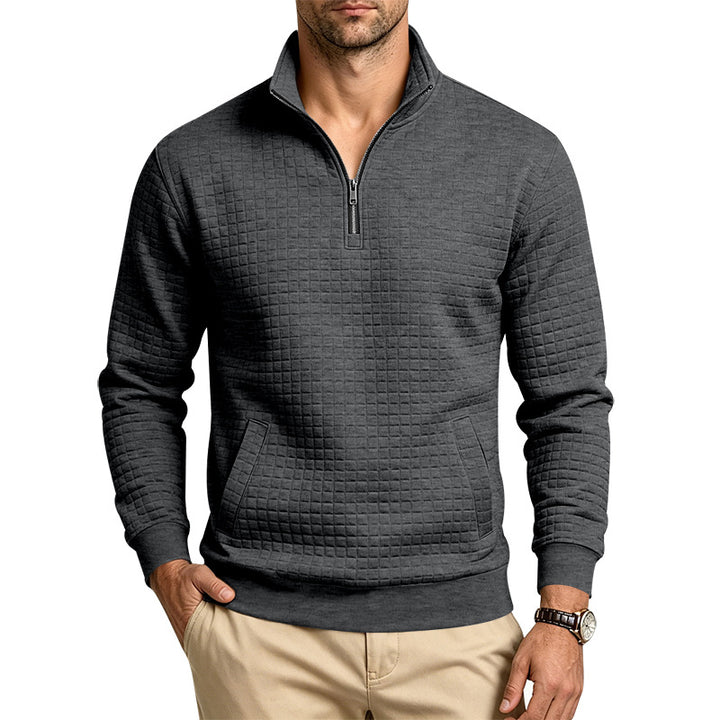 Men's Structured Stand Collar Half Zip Sweatshirt with Checkered Pattern and Kangaroo Pocket Mune Fashion
