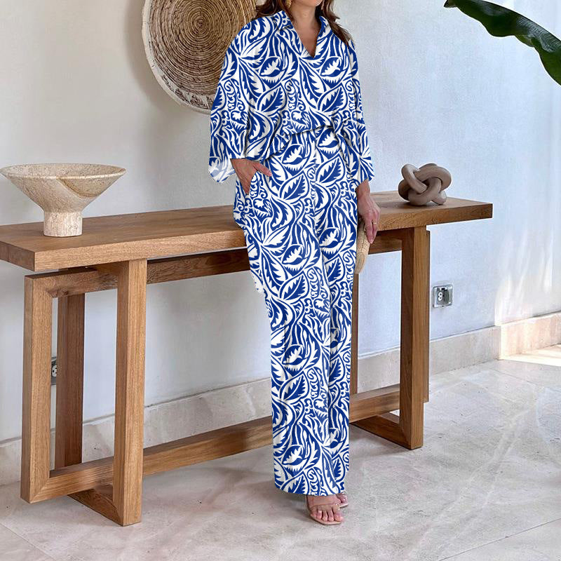 Women's Patterned Kimono Lounge Set with Wide Palazzo Pants made of Lightweight Viscose Mix Mune Fashion