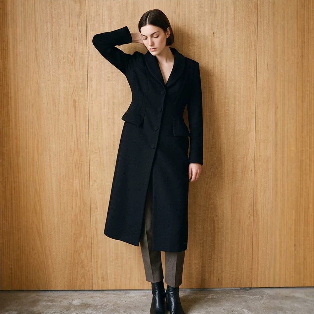 Women Tailored Long Coat with Shawl Collar and Shaping Dart Mune Fashion