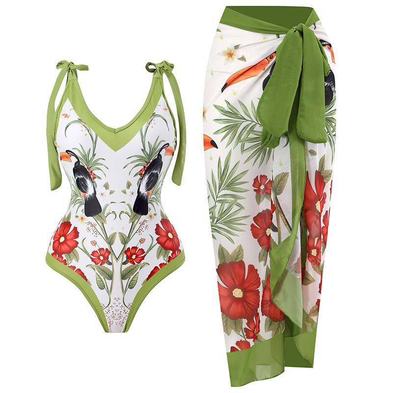 Women’s One-Piece Swimsuit with Playful Tie Straps and Elegant Wrap Skirt Mune Fashion