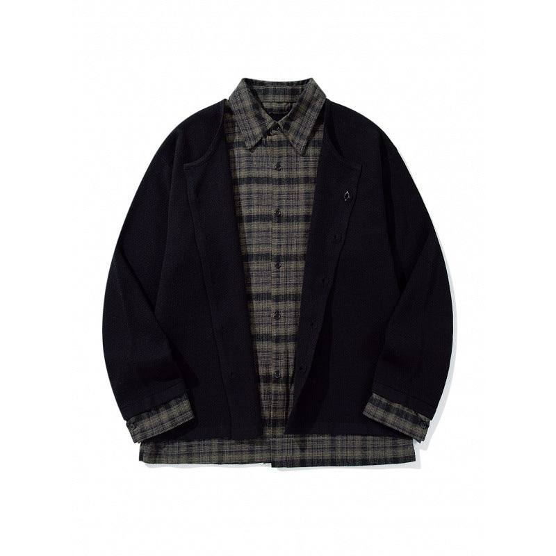 Unisex Layering Set made of checked blouse and open knit cardigan Mune Fashion