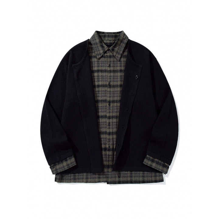 Unisex Layering Set made of checked blouse and open knit cardigan Mune Fashion