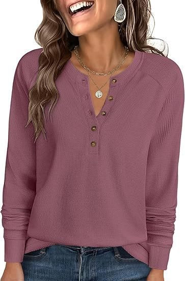 Ladies Waffle Knit Henley Long Sleeve with Button Placket, Raglan Sleeves and Ribbed Cuffs Mune Fashion