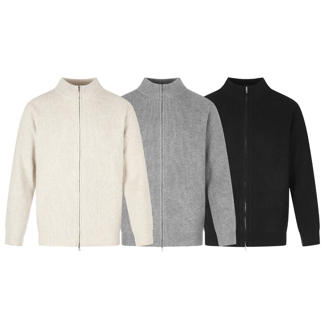 Unisex Ribbed Knit Cardigan with Stand-Up Collar, Two-Way Zipper and Ribbed Texture Mune Fashion