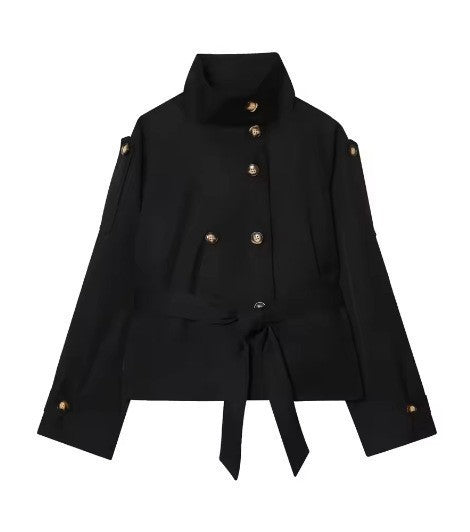 Women's short tailored trench coat with high standing collar, double-breasted button placket, and adjustable tie belt Mune Fashion