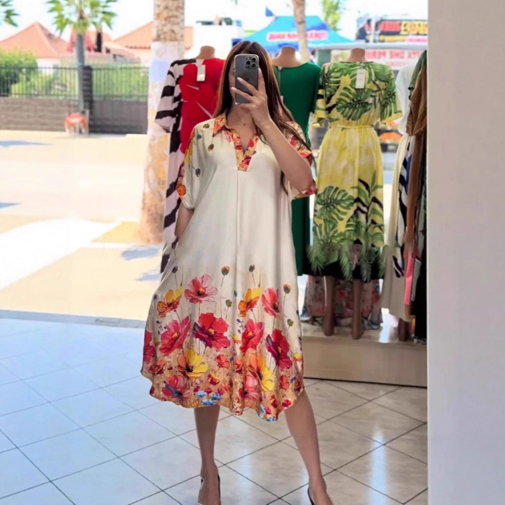 Women's lightweight shirt dress with floral border print, open V-neck and side pockets Mune Fashion