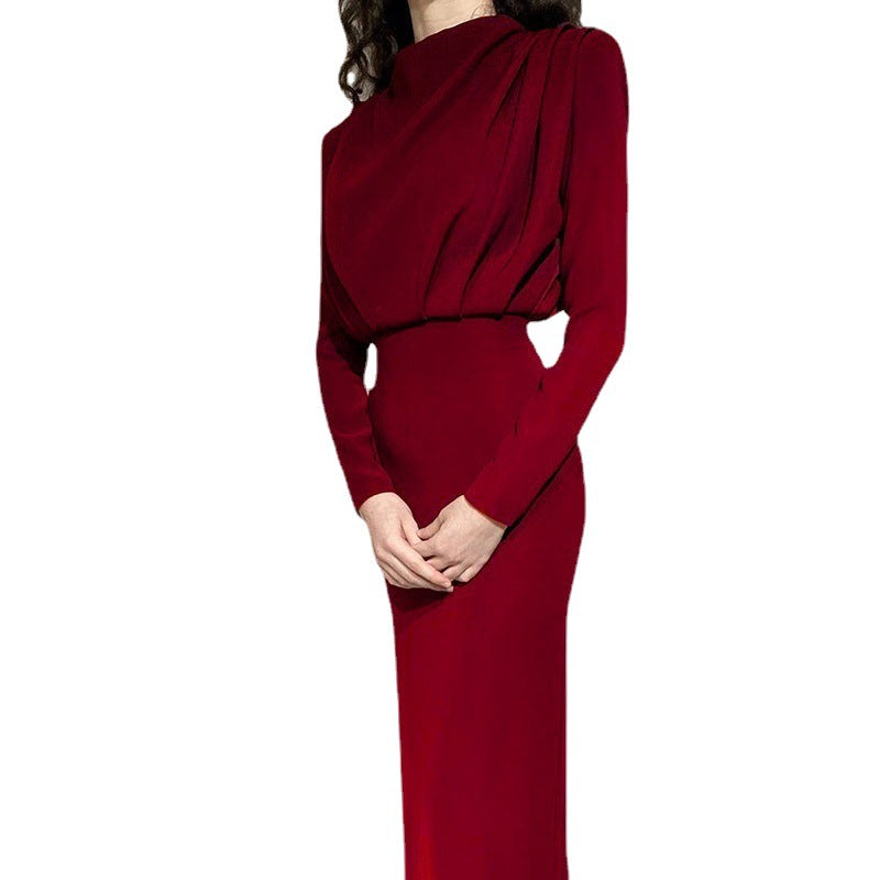 Ladies Elegant Sheath Midi Dress with Draped Waterfall Yoke and Long Sleeves Mune Fashion