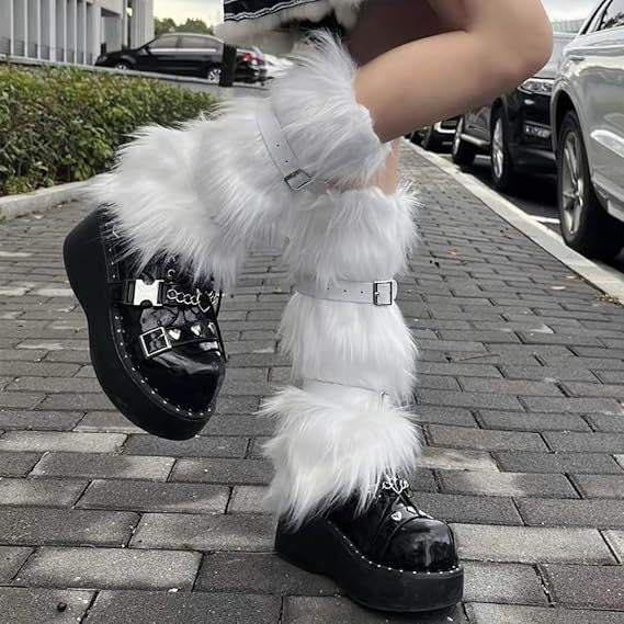 Women's Long Faux Fur Leg Warmers with Adjustable Buckles and Platform Cuffs Mune Fashion