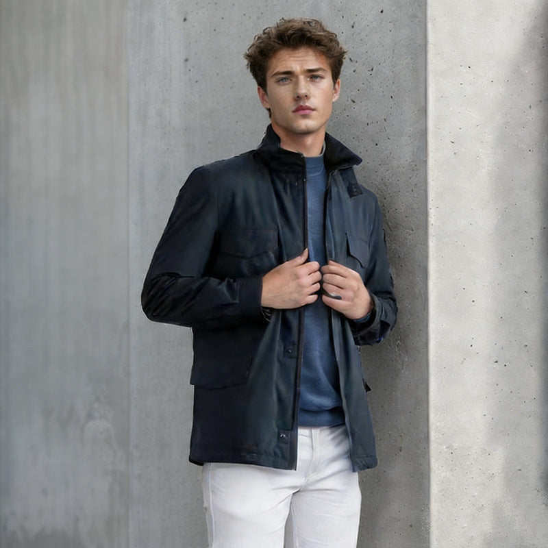 Men's utility field jacket with concealed zipper, snap button placket, and multifunctional pockets Mune Fashion