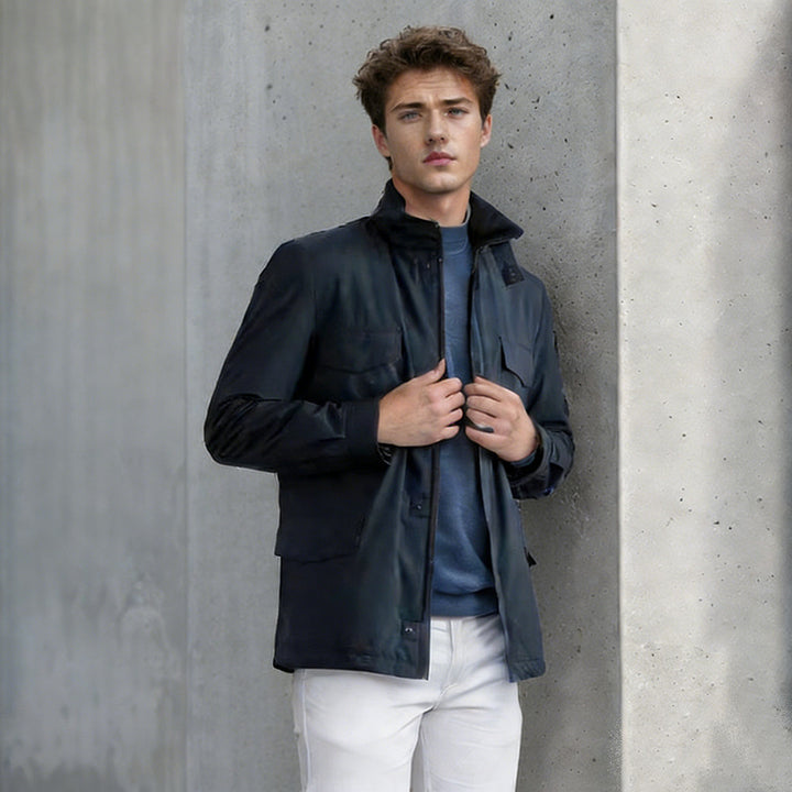 Men's utility field jacket with concealed zipper, snap button placket, and multifunctional pockets Mune Fashion