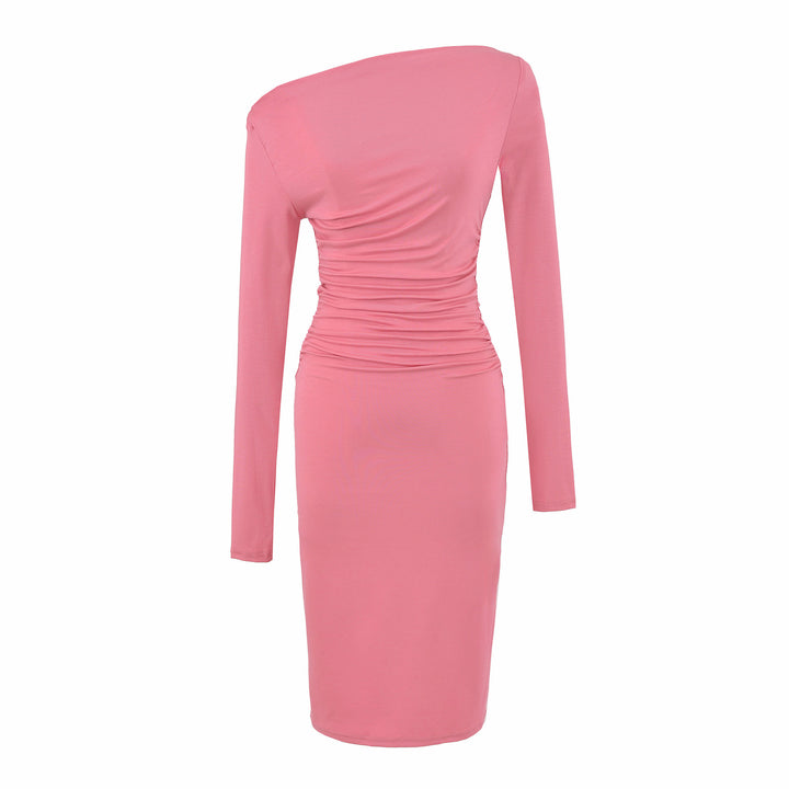 Women's Asymmetric One-Shoulder Midi Dress with Gathering and Long Sleeve Mune Fashion