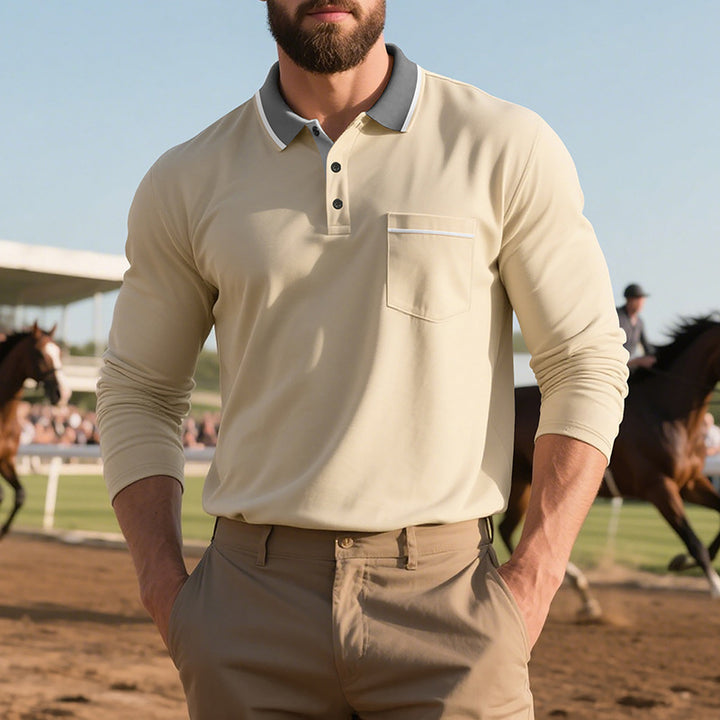Men's long-sleeved polo shirt with contrast collar, chest pocket, and fine cotton stretch Mune Fashion