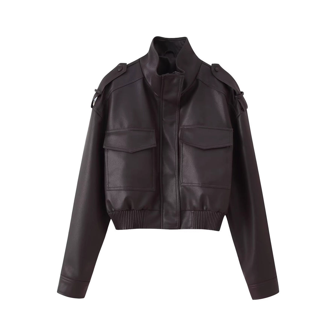 Women Short-Cut Leather Bomber with High Stand Collar, Shoulder Straps and Flap Pockets Mune Fashion