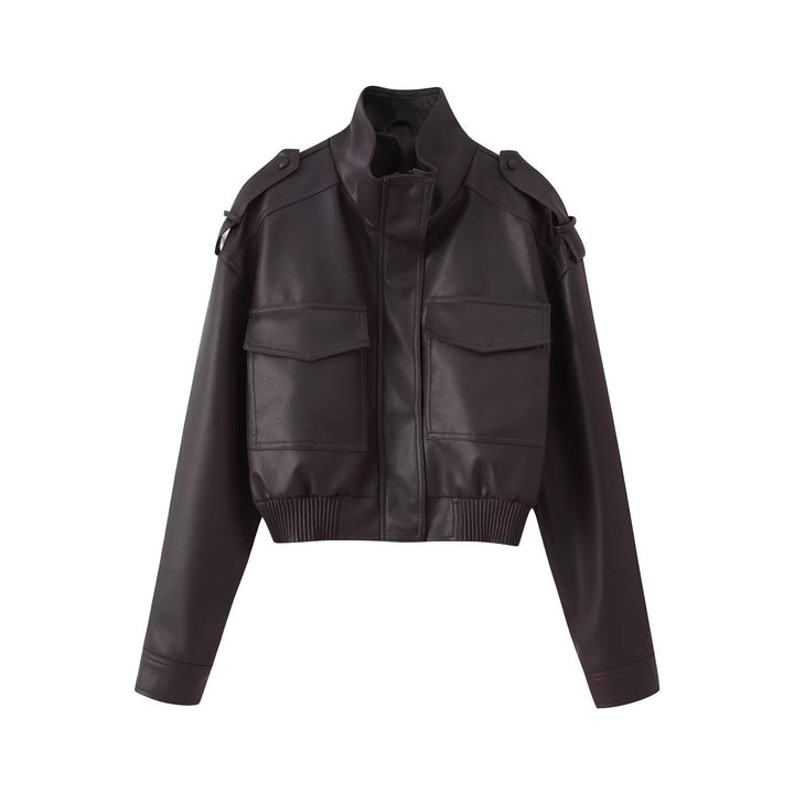 Women Short-Cut Leather Bomber with High Stand Collar, Shoulder Straps and Flap Pockets Mune Fashion