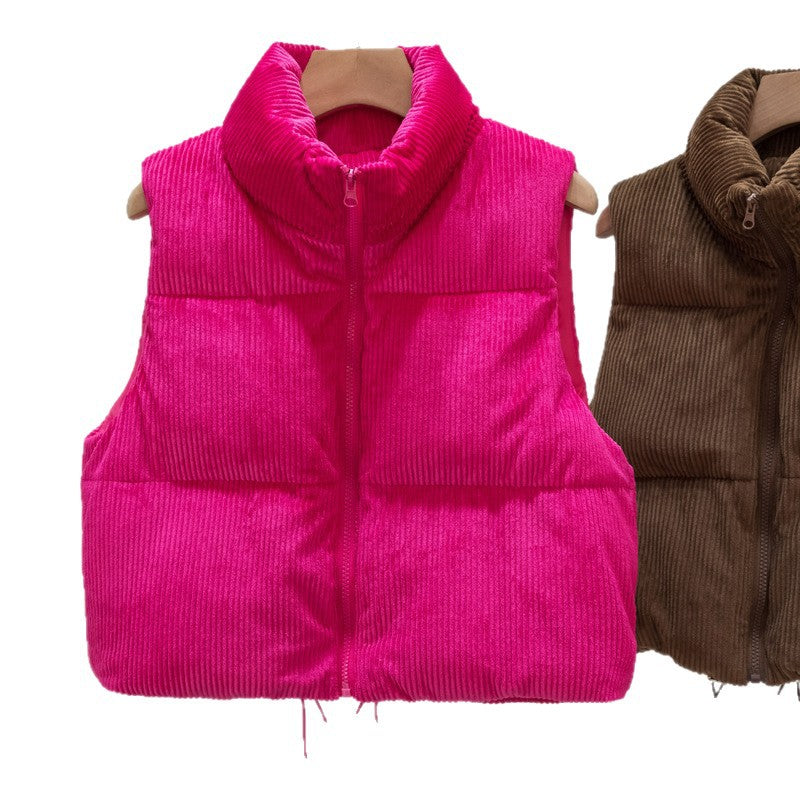 Women's padded cord quilted vest with stand-up collar and drawstring Mune Fashion