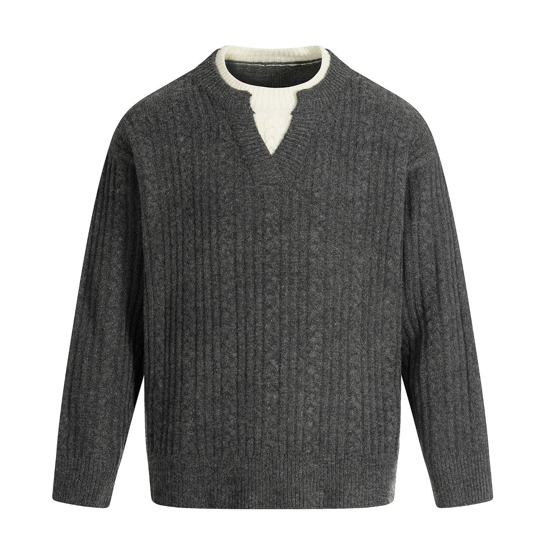 Men's cable knit sweater with V-insert and double roll collar Mune Fashion