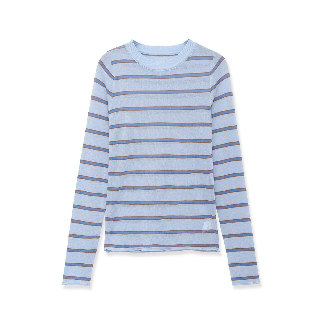 Women's fine knit pullover in slim fit with round neck and horizontal contrast stripes Mune Fashion