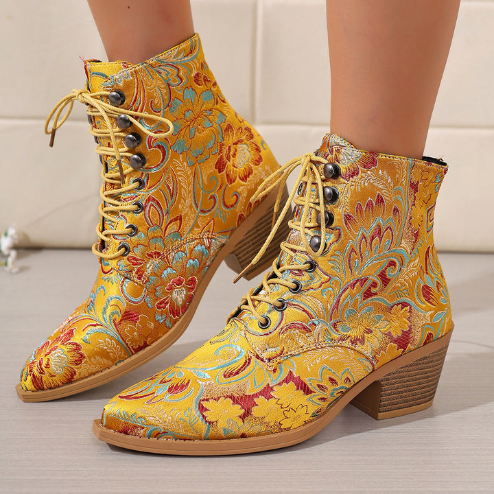 Women's embroidered lace-up ankle boots with jacquard brocade pattern and low block heel Mune Fashion