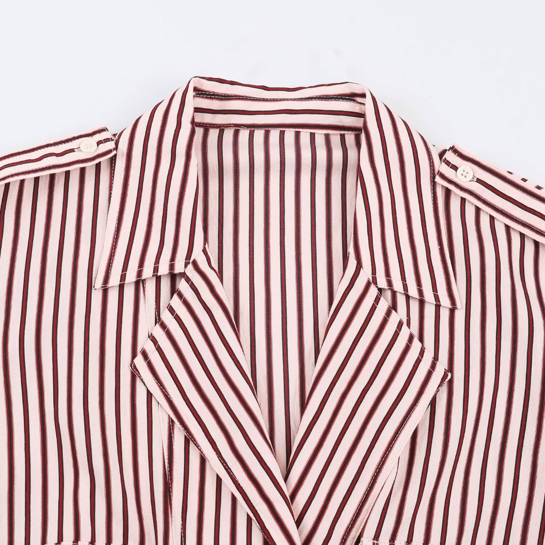 Women's Striped Cropped Blouson Jacket with Notched Collar, Flap Pockets and Elastic Hem Drune