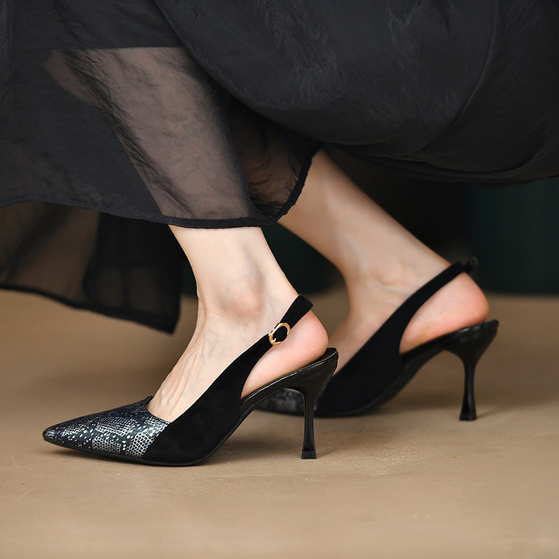 Women's pointed pumps with ankle strap, reptile embossing, and slim stiletto heel Mune Fashion