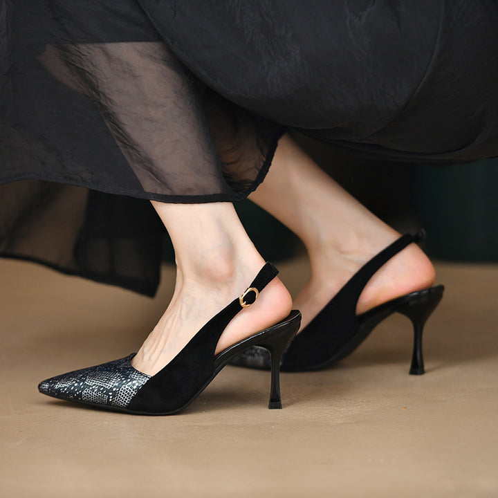 Women's pointed pumps with ankle strap, reptile embossing, and slim stiletto heel Mune Fashion