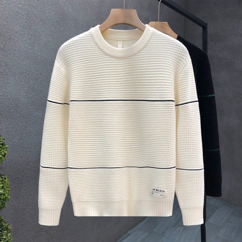 Unisex Structured Waffle Knit Sweater with Fine Contrast Stripes Mune Fashion