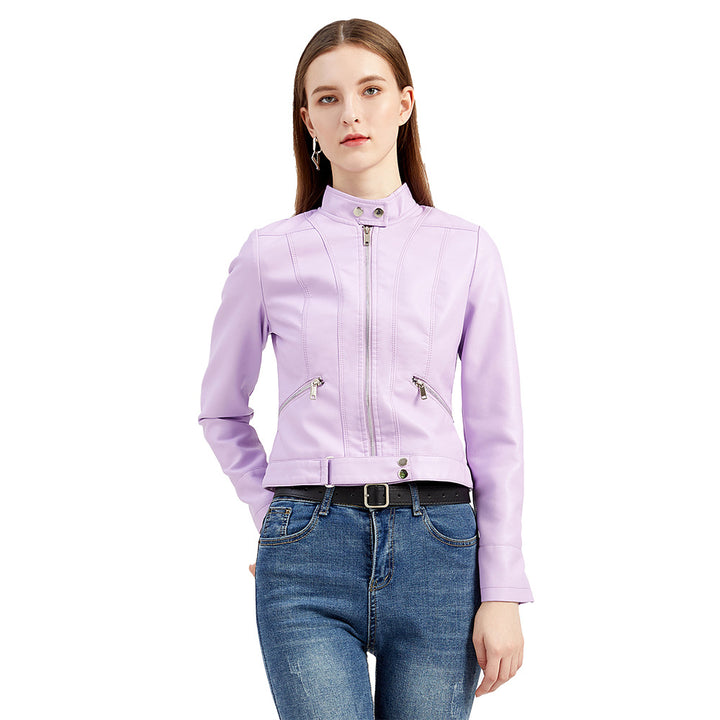 Women's short fitted faux leather jacket in racer style with stand-up collar and zip pockets Mune Fashion