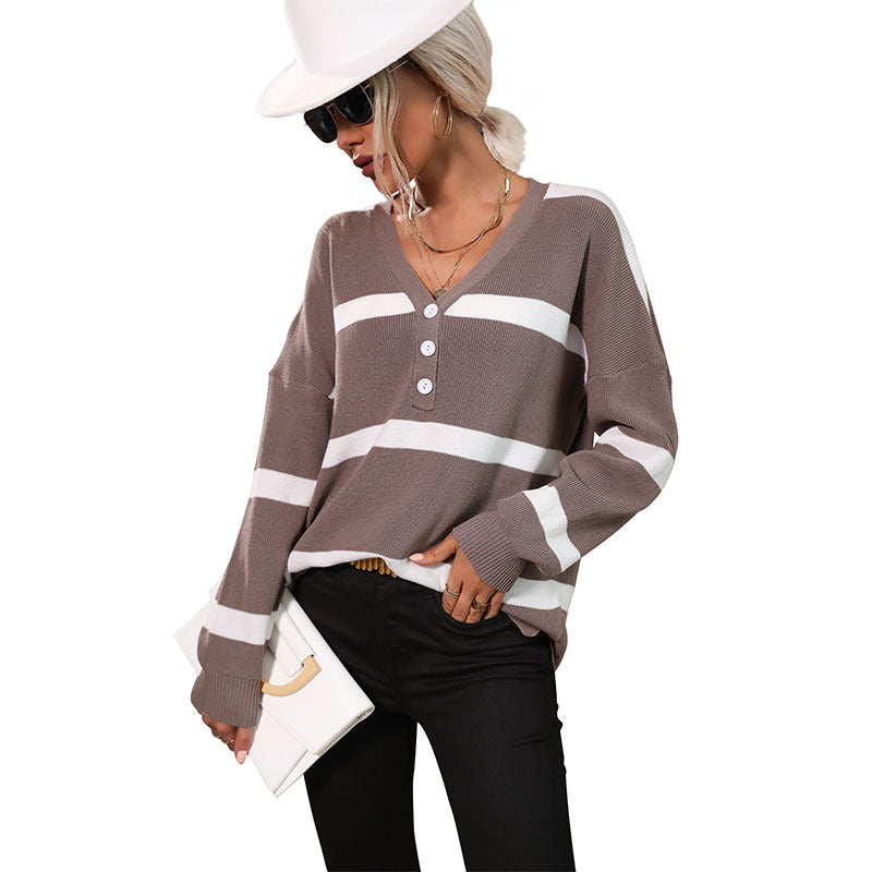 Women's Oversized V-Neck Knit Sweater with Button Placket and Block Stripes Mune Fashion