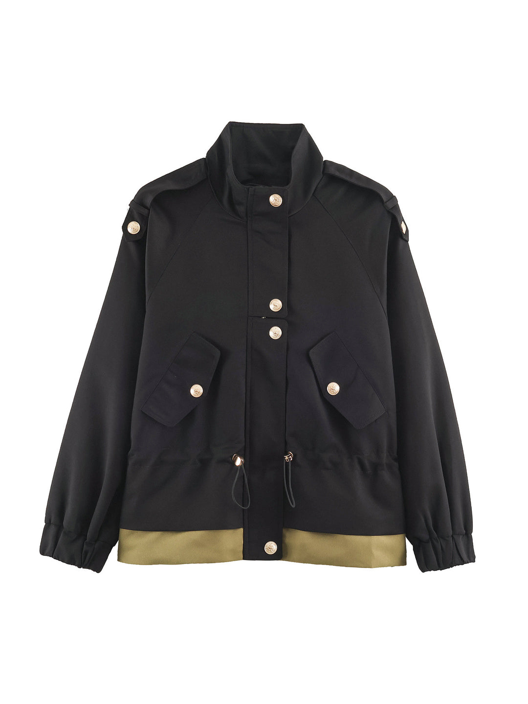 Women's lightweight utility jacket with drawstring waist gathering, stand-up collar, and flap pockets Mune Fashion