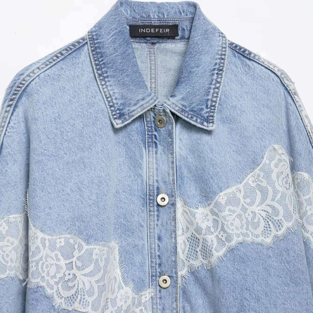 Women's oversized denim jacket with lace trim, boxy cropped cut, and dropped sleeves Mune Fashion