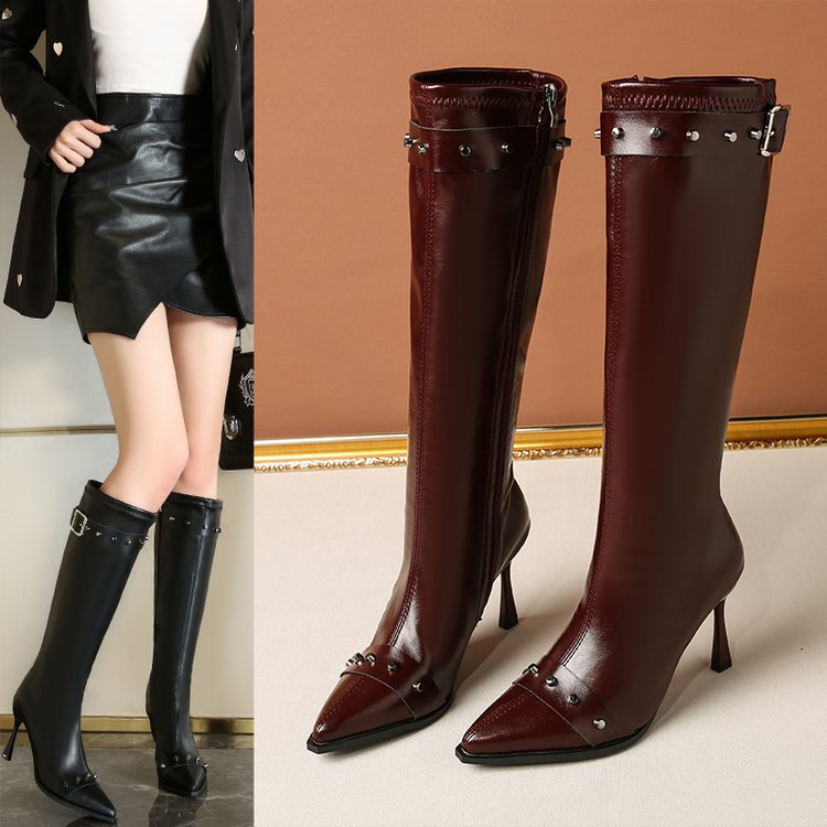 Women Knee-High Boots with Pointed Toe, Sculptural Stiletto Heel and Decorative Strap Mune Fashion