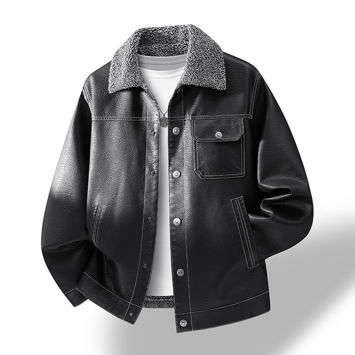 Men's Casual Faux Leather Jacket with Teddy Collar Mune Fashion