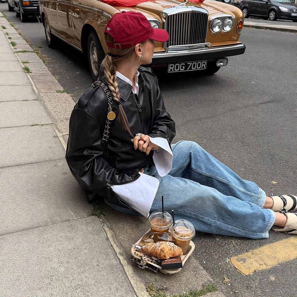 Women's Short Blouson in Layering Look made of Faux Leather with Oversized Shirt Sleeve Detail Mune Fashion