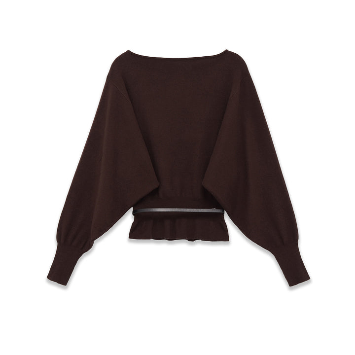 Women's bat sweater with wide sleeves, gathered waist and narrow belt Mune Fashion