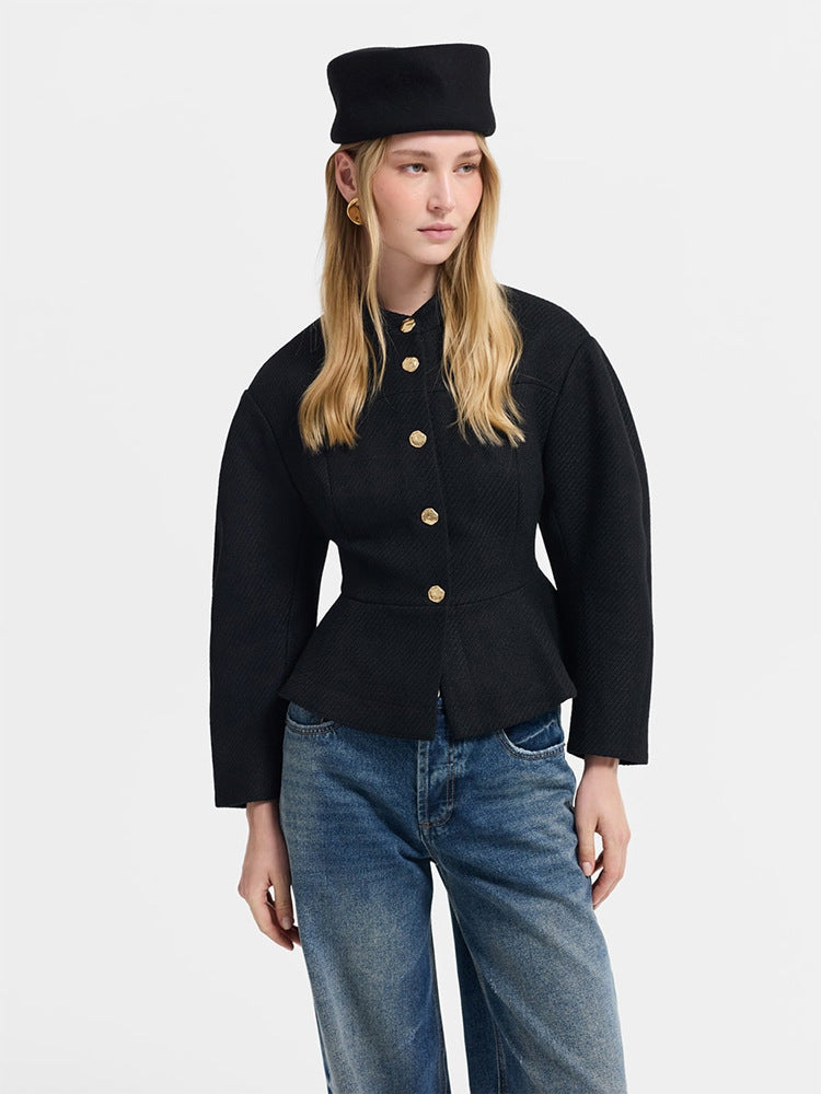 Women's tailored jacket with peplum hem, structured woven quality and decorative buttons Mune Fashion