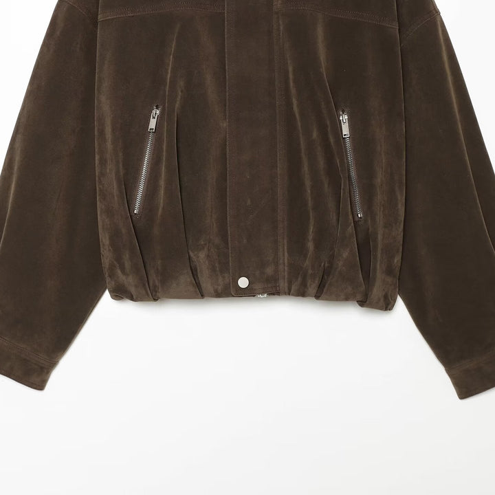 Women's short faux suede bomber jacket with high stand-up collar Mune Fashion