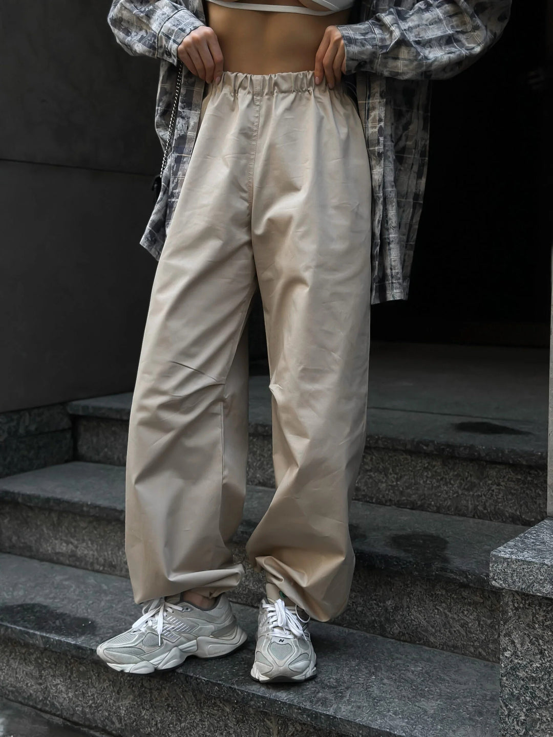 Women's wide high-cut leisure pants with an elastic waistband and deep crotch Mune Fashion