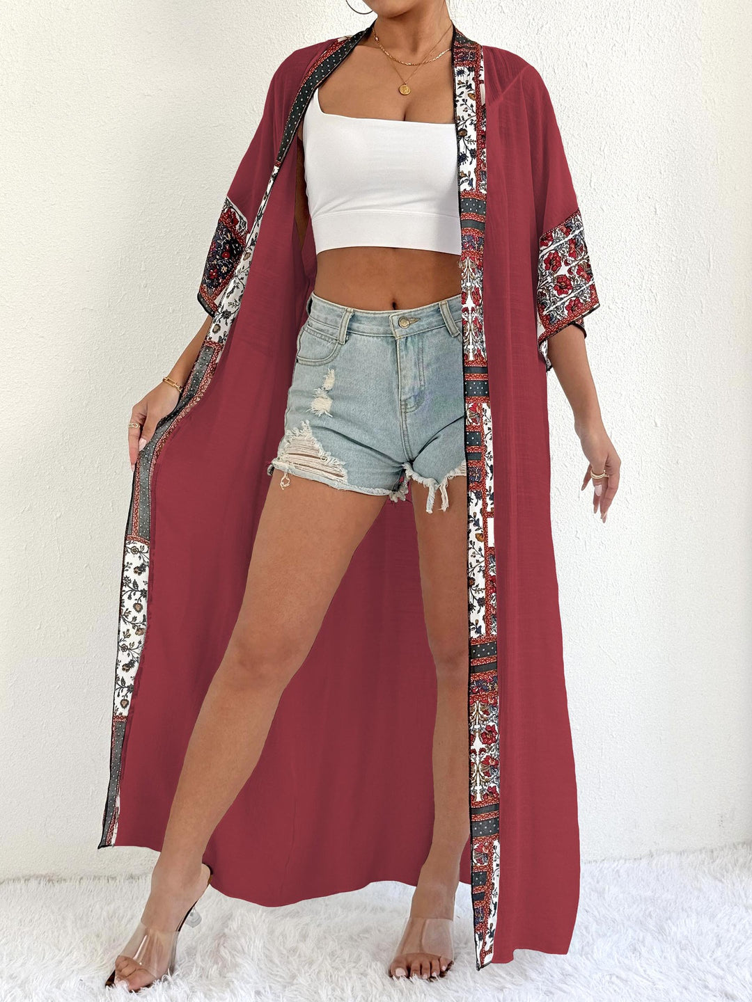 Women elegant, lightweight kaftan with colorful crochet trim Mune Fashion
