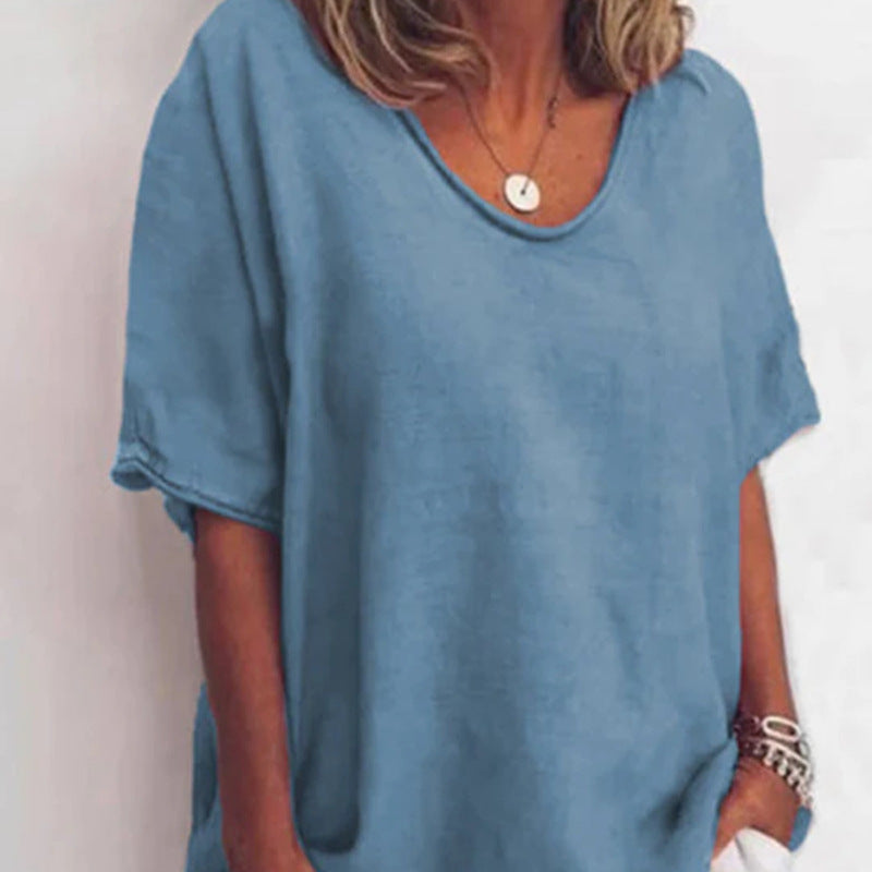 Women's loosely cut linen blend relaxed shirt with round neck, dropped sleeves and side slits Mune Fashion